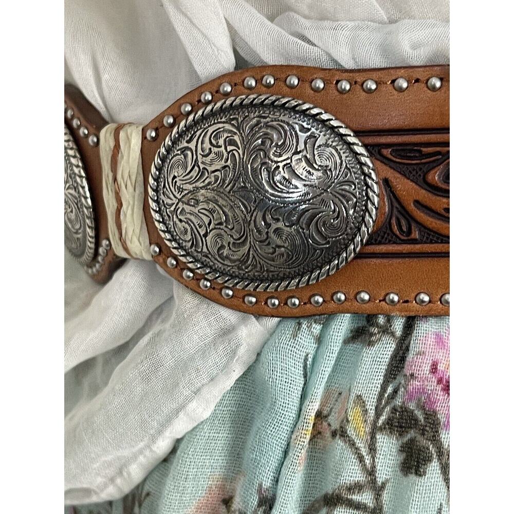 Justin Women's Belt Western Leather Vintage Unisex Sz
28-30 TAN Brown Tooled